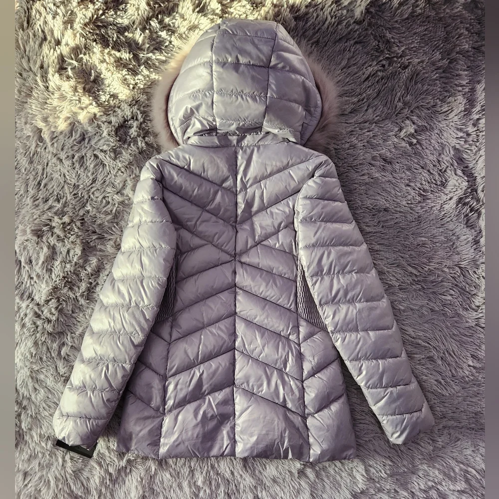 Silver Quilted Puffer Jacket with Faux Fur Hood